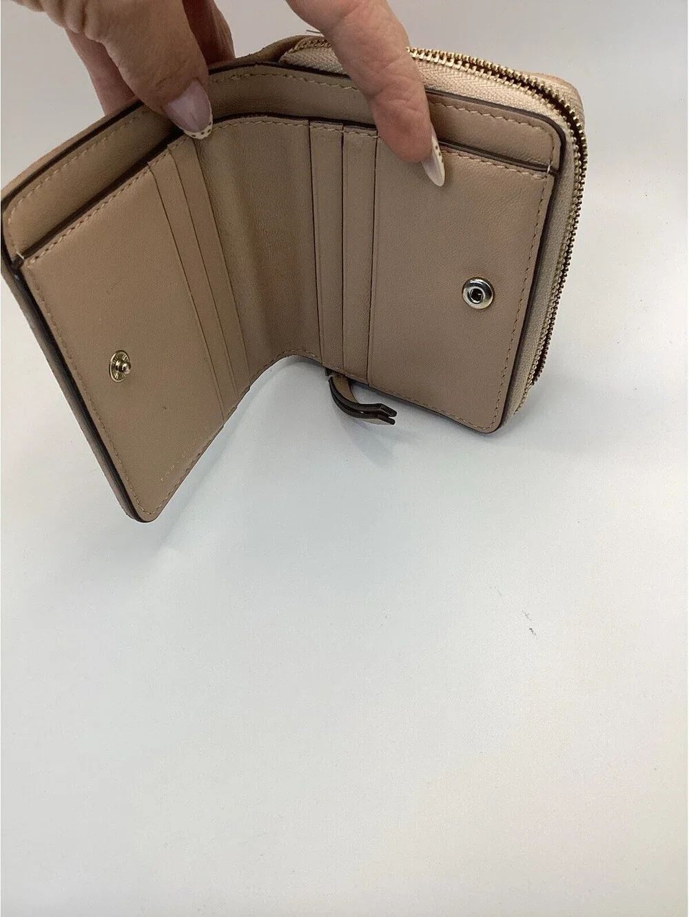 Tory Burch Beige Zip-Around Wallet w/ Logo & Zipper, Credit Card Slots Women